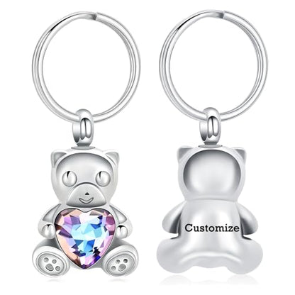 Yinplsmemory Teddy Bear Cremation Jewelry Urn Keychain for Ashes for Women with Crystal Heart Urn Keepsake Pendant Key Ring - color: Customize