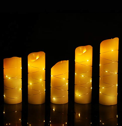 danip flameless Candle, with Embedded String Lights, 5-piece LED Candles, with 10-Key Remote Control, 24-Hour Timer Function, Dancing Flame, Real Wax, Battery-Powered. (Ivory White) - color: WhiteH#1*5
