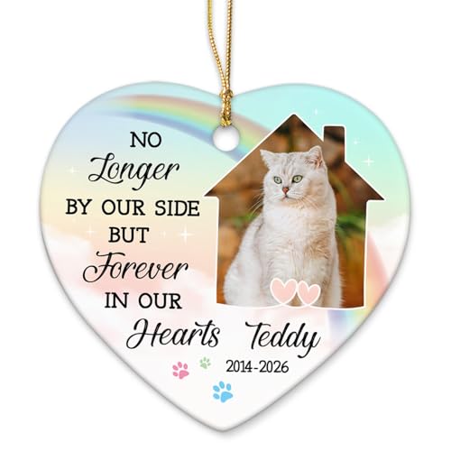 No Longer by Side But Forever in Hearts Ceramic Ornament, Personalized Photo Cat Memory Ornament Xmas 2026, Image Pet Memorial Ceramic Keepsake, Customized Name Cat Pet Christmas in Heaven Ornaments - color: No Longer By Side But Forever in Hearts Ornamen