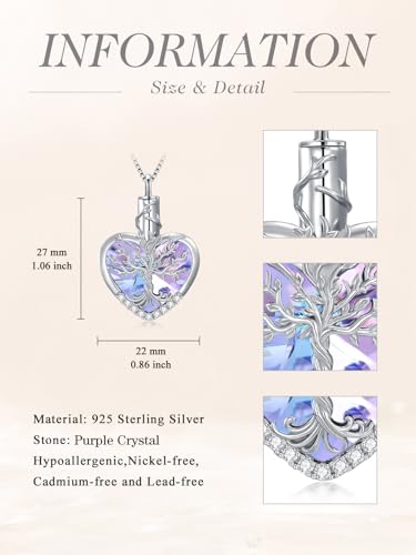 WINNICACA Urn Necklaces for Ashes 925 Sterling Silver Tree of Life Heart Cremation Jewelry for Ashes Jewelry Gifts for Human Ashes Keepsake Memorial Jewelry for Women Men - style: 2-Purple Crystal Tree of Life Urn