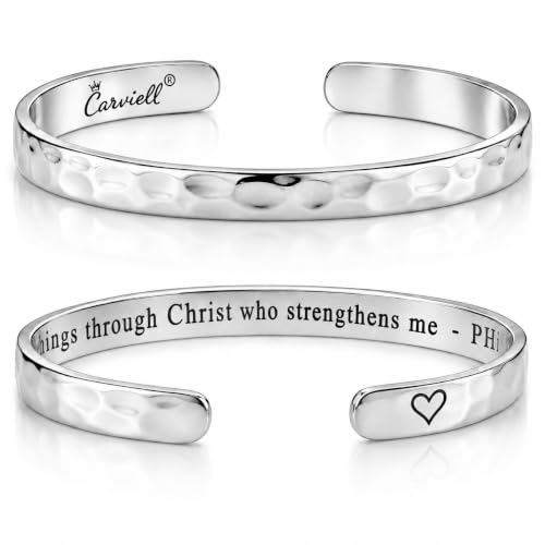 Bracelets for Women – 100+ Meaningful Engraved Messages – Solid 316L Surgical Stainless Steel Cuff Bracelet – Gift Ready - color: CHRISTIAN GIFT - I can do all things through Christ who strengthens me