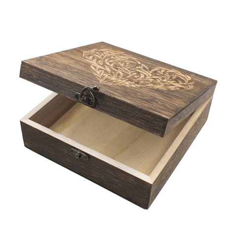Wooden Memory Keepsake Box with Lid, Floral Heart Engraved Keepsake Box Decorative Storage Case For Photos Letter Time Capsule, 7.7 x 7.7 x 2.7 Inches