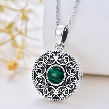 Round Locket Necklace 925 Sterling Silver Filigree/Flower Locket Necklace That Holds Pictures Birthday Christmas Jewelry Gifts for Women - color: 02-Malachite Locket