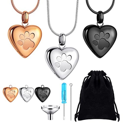 3 Pcs Pet Ashes Necklace for Dogs Urns Cremation Jewelry Paw Print Heart Stainless Steel Pendant Memorial Ashes Necklace with Filling Kit Keepsake Jewelry for Pet Dog Cats Keepsake