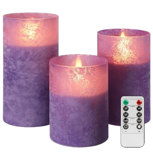 ANGELLOONG Purple Candles Battery Operated for Living Room Bedroom Decor | Glass Flameless Candles with Remote, Set of 3 LED Pillar Candle for Fall Halloween Decoration - color: Sandblast Purple