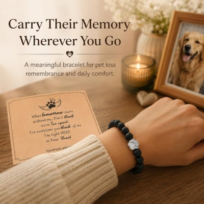 Pet Memorial Bracelet Loss of Dog Cat Matte Black Bead Sympathy Gift | Silver paw print charm, bereavement condolence keepsake jewelry, rainbow bridge gift for dog mom cat mom women men pet parent