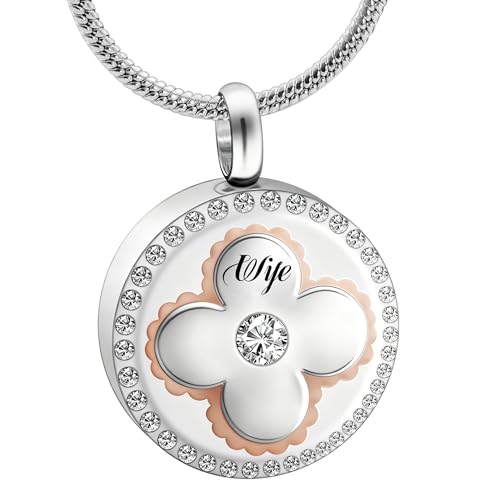 Cremation Urn Necklaces for Ashes, Round Stainless Steel Memorial Jewelry Keepsake Pendant for Women Men, Decorative Four-Leaf Clover Touch - style: Wife