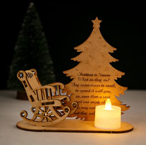 FOMIYES Christmas Remembrance Candle and Chair Merry Christmas in Heaven Memory Tealight Candlestick Holders Wooden Christmas Tree Rocking Chair Candle Light Table Centerpiece Decoeation