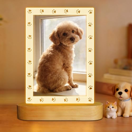 Light up Dog Picture Frame, Pet Memorial Gifts for Loss of Dog Cat Owner, LED Night Light with Paw Prints Design, Personalized Home Tabletop Decor Keepsake Remembrance Present (4x6 inchs Photo) - color: White Paw