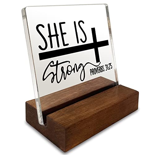 She is Strong Inspirational Quotes Desk Decor Gifts For Women Best Friend Encouragement Office Inspiration Positive Plaque Acrylic With Wooden Stand For Cowoker Motivational Sign For Birthday - style: She is Strong