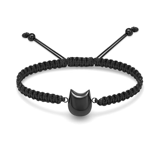 Oinsi Cat Urn Bracelet Cremation Jewelry for Pets Ashes Keepsake Handmade Braided Rope Adjustable Bangle Stainless Steel Urn Bangle Memorial Jewelry - color: C-Black