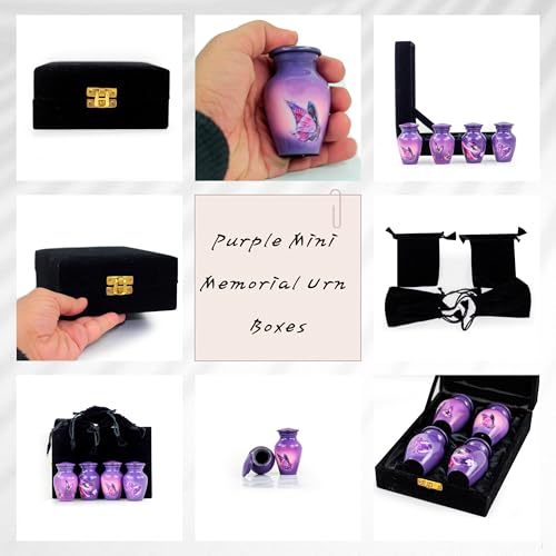 Keepsake Urns Small for Human Ashes Set of 4 | Mini Funeral Cremation Pot with Velvet Box | Cremated Remains Storage Container & Box