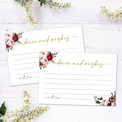 Advice and Wishes Cards Box – 50 Pcs Flowers Well Wishes & Wedding Advice Cards for Bride & Groom, Baby Shower, Birthday, Graduation, Wedding Reception, Retirement -A08 - color: Flowers, size: Set with Wooden Box