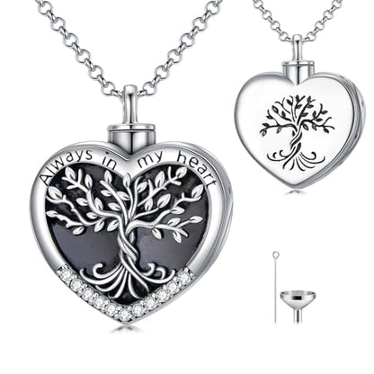 TOUPOP Tree of Life Urn Necklaces for Ashes 925 Sterling Silver Heart Cremation Jewelry Memorial Keepsake Jewelry with Funnel Filler for Women Men - color: A-Heart Tree of Life-Black Onyx