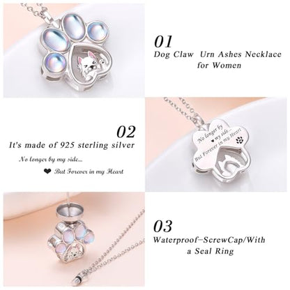 DAOCHONG Cat Urn Necklace Pet Cremation Memorial Jewelry for Women | 925 Sterling Silver Cremation Pendant | Dog Cat Paw Print Heart Locket | Pet Ashes Keepsake for Loved Ones - style: Moonstone Dog Urn Necklaces