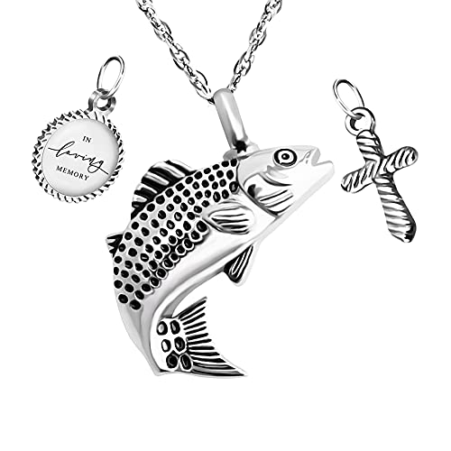 XIUDA Fish Urn Cremation Necklace for Ashes Urn Necklaces for Human Ashes In Loving Memory of Dad Fishing Locket Ashes Holder Keepsake Cremation Memorial Pendant Jewelry - color: silver cross fish