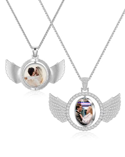 PiercingJ Customized Double-Side Photo Necklace Custom Picture Pendant Chain Personalized Cubic Zirconia Hip Hop Jewelry Gift for Men Women with Gift Box - color: Silver-Angel Wing-1PC