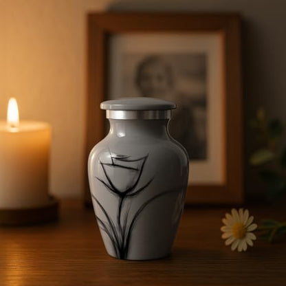Custom Gray Flower Mini Urn – Personalized Text – Small 3" Keepsake Cremation Urn for Human Ashes – Drawn Tulip Design – Velvet Bag, Box & Funnel – Made in USA - color: Customized Gray, size: Small