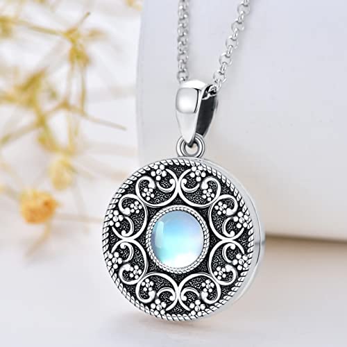 Round Locket Necklace 925 Sterling Silver Filigree/Flower Locket Necklace That Holds Pictures Birthday Christmas Jewelry Gifts for Women - color: 01-Moonstone Locket