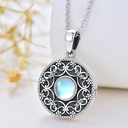 Round Locket Necklace 925 Sterling Silver Filigree/Flower Locket Necklace That Holds Pictures Birthday Christmas Jewelry Gifts for Women - color: 01-Moonstone Locket