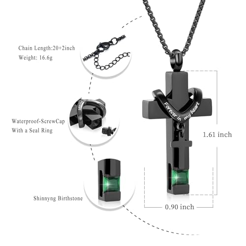Oinsi Black Cross Urn Necklace For Ashes Of Loved Ones With Birthstone Always In My Heart Cremation Jewelry Keepsake Pendant Women Men - color: Green Stone
