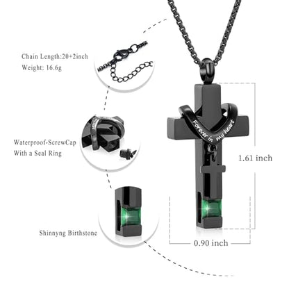 Oinsi Black Cross Urn Necklace For Ashes Of Loved Ones With Birthstone Always In My Heart Cremation Jewelry Keepsake Pendant Women Men - color: Green Stone
