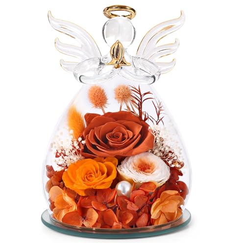 Bessol Gifts for Mom Birthday Flowers for Women Mothers Day Flowers for Delivery Preserved Roses Forever Flower in Glass Angel Figurines Fresh Eternal Rose for Grandma Wife Sister Daughter Friends - color: Orange (Rose, Austin, Baby's Breath, Hydrangea)