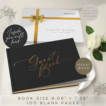 Black Wedding Guest Book — Gold-Foiled Blank Guest Book for Wedding Reception, Funeral Guest & Baby Shower to Sign in — Linen Photo & Polaroid Guest Book, Elegant Guestbook - color: Black, size: No Date