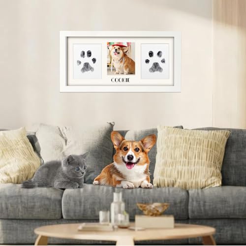 Paw Print Frame Kit for Dog Cat & Baby, Extra Large Wooden Memorial Frame, Inkless Pad & Soft Clay Impression Kit with Tool, Black (White) - color: white