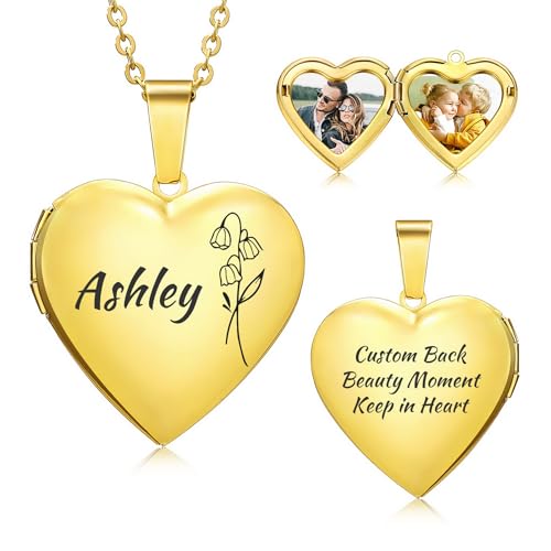 Personalized Heart Locket Necklace for Women with Picture Custom Inside Engraved Text Silver/Gold/Rose Gold Photo Locket Stainless Steel Memorial Gifts for Mom Daughter Grandmother - color: F2: Gold