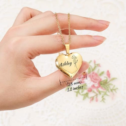 Personalized Heart Locket Necklace for Women with Picture Custom Inside Engraved Text Silver/Gold/Rose Gold Photo Locket Stainless Steel Memorial Gifts for Mom Daughter Grandmother - color: F2: Gold