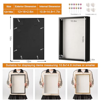 12x16 Large Shadow Box Frame with Thickened Acrylic Panel & Pins | With Push Pins, Deep 1.7" Black Shadow Box Display Case – Display on Tabletop or Wall for Jersey, T-shirt, Keepsake, Wedding - color: Black+high Definition Panel + Shatter-proof Packaging,