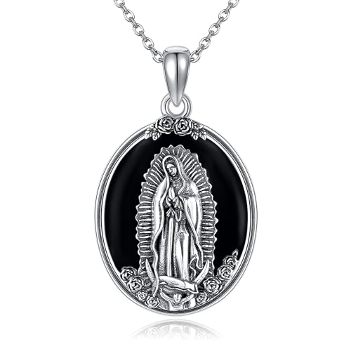YAFEINI Virgen De Guadalupe Necklace 925 Sterling Silver Mother Mary Necklace Virgencita Jewelry Thanksgiving Day Gifts for Women - style: Black Onyx