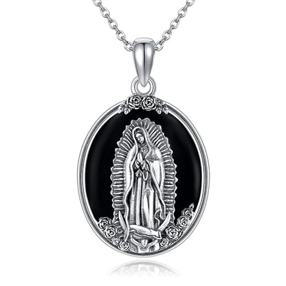 YAFEINI Virgen De Guadalupe Necklace 925 Sterling Silver Mother Mary Necklace Virgencita Jewelry Thanksgiving Day Gifts for Women - style: Black Onyx