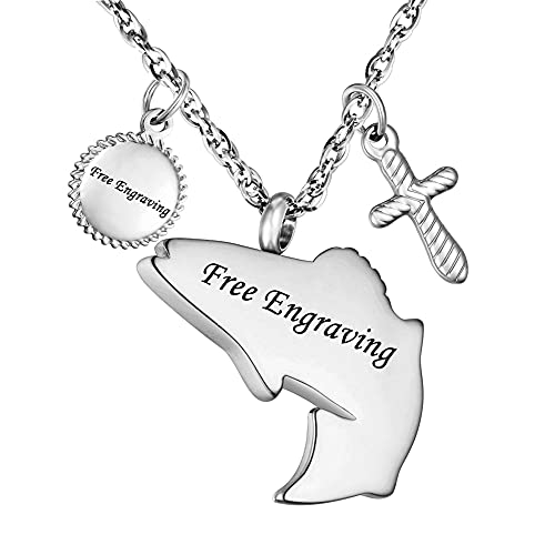 XIUDA Fish Urn Cremation Necklace for Ashes Urn Necklaces for Human Ashes In Loving Memory of Dad Fishing Locket Ashes Holder Keepsake Cremation Memorial Pendant Jewelry - color: silver cross fish engraving