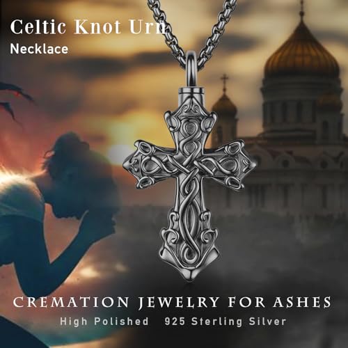 925 Sterling Silver Celtic Cross Urn Necklace for Ashes | Memorial Keepsake Cremation Catholic Jewelry for Men Women - color: gold-b