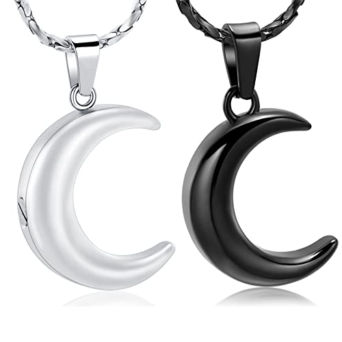 Imrsanl Cremation Jewelry for Ashes Moon Urn Necklace Stainless Steel Memorial Lockets Keepsakes Jewelry for Ashes Pendant - Fill kit - color: 2pcs-Silver/Black