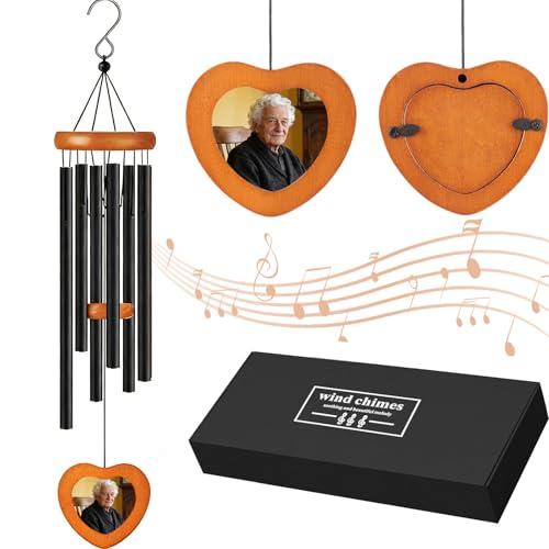 AVEKI Memorial Wind Chimes Outdoor with Photo Frame, 26'' Personalized Sympathy Gifts for Loss of Loved One or Pet, Sympathy Wind Chimes for Funeral Remembrance (Heart Photo Frame - Black) - color: Heart Photo Frame - Black