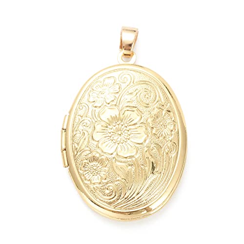 Beadthoven 10pcs Real 18K Gold Plated Oval Locket Pendants Engraved Flower Photo Frame Charms Photo Holder Memory Locket Pendants for DIY Necklace Jewelry Making - color: Gold-Oval