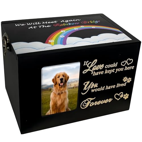 Solid Wood Pet Urns for Dog or Cat Ashes,Memorial Rainbow Bridge | Funeral Cremation Ashes Box with Photo Frame,Keepsake Urn with Black Flannel as Lining,Loss Pet Remembrance Gift - size: Medium - Capacity 90 Cubic Inches