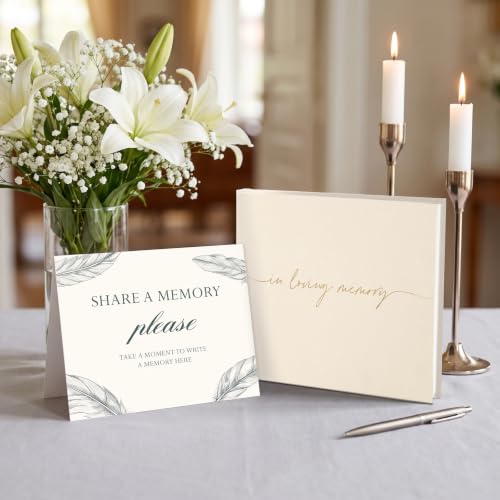 Funeral Guest Book for Memorial Service, in Loving Memory 9x7.5 | 320 Entries, Table Sign Card Included, Gold Stamping, Twill-Textured Paper Cover, Celebration of Life Keepsake, Beige - color: Beige