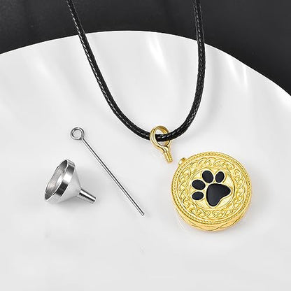 Dreamboat Pet Urn Necklace for Dog Cat Ashes 925 Sterling Silver Paw Print Cremation Keepsake Pendant Celtic Knot Memorial Jewelry Gifts for Women Men - style: 01D-Round (Gold Personalized)
