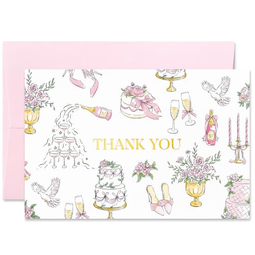 Crisky 50 Pack Pink Gold Foil Wedding Thank You Cards with Envelopes, 4x6 with Elegant Wedding Element Color Printing Pattern, 300gsm Thank You Cards Premium Cardstock, Bulk Cards for Wedding, Bridal Shower Decoration - color: Pink Gold Foil