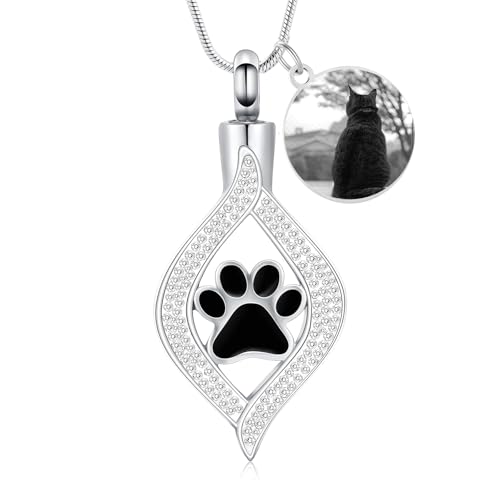 The Eye of My Heart Paw Print Urn Necklace for Ashes | stainless steel cremation jewelry, holds pet human ashes, paw print memorial urn pendant, leak-proof sealed design, unisex - color: Customize-Photo