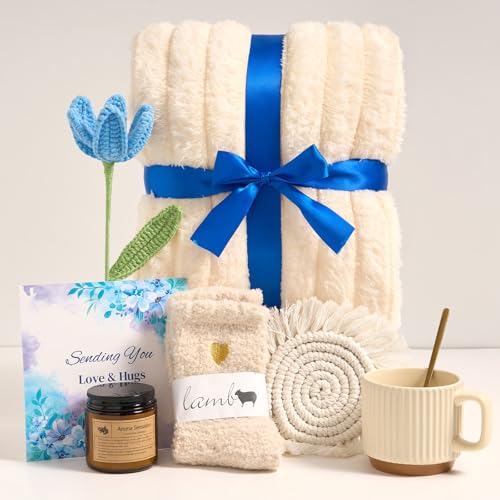 Get Well Soon Gifts for Women, Hug in a Box Care Package with Blanket & Mug, Surgery Recovery Gift Basket for Mom, Grandma, Sister, Friends – Blue Comfort Box with Best Wishes for Mother's Day