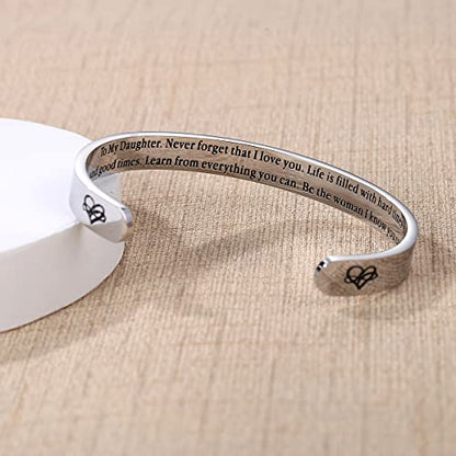 TONY & SANDY Inspirational Bracelets for Women Teen Girls Personalized Gifts for Daughter Granddaughter Mom Sister Friends Stainless Steel Engraved Cuff Birthday Easter Christmas - style: A - Daughter Gifts - Never forget that I love you...Be the woman I