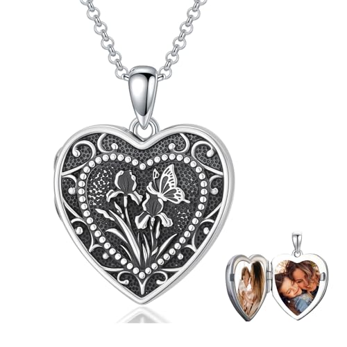 PELOVNY Birth Flower Locket Necklace for Women 925 Sterling Silver Flower Butterfly Heart Photo Locket Pendant Birthday Christmas Jewelry Gifts for Mom Daughter Wife Sister - color: 02-Iris