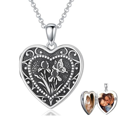 PELOVNY Birth Flower Locket Necklace for Women 925 Sterling Silver Flower Butterfly Heart Photo Locket Pendant Birthday Christmas Jewelry Gifts for Mom Daughter Wife Sister - color: 02-Iris