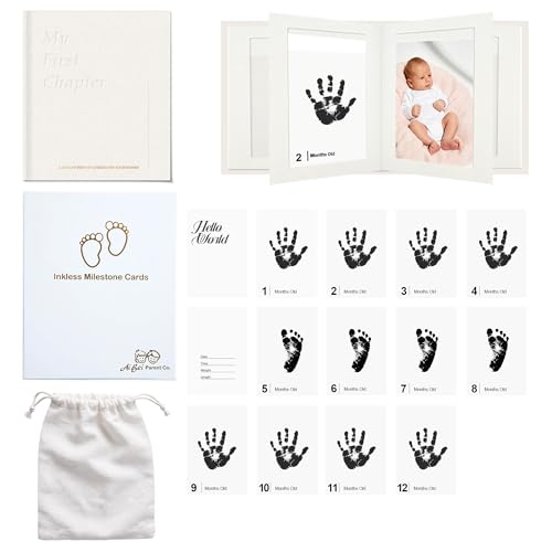 15 Pack Little Lullaby Inkless Milestone Cards Baby Hand and Footprint Kit 12 Months Newborn Memory Book Keepsake Ink Pad for Handprints Footprints (Deluxe Photo Album Set) - style: Deluxe Photo Album Set