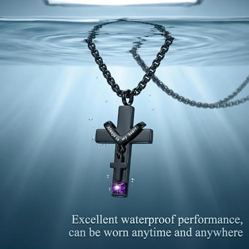 YOUFENG Birthstones Urn Necklaces for Ashes Cross Cremation Pendant Urns for Human Ashes Memorial Keepsake Locket Jewelry - style: February-birthstones